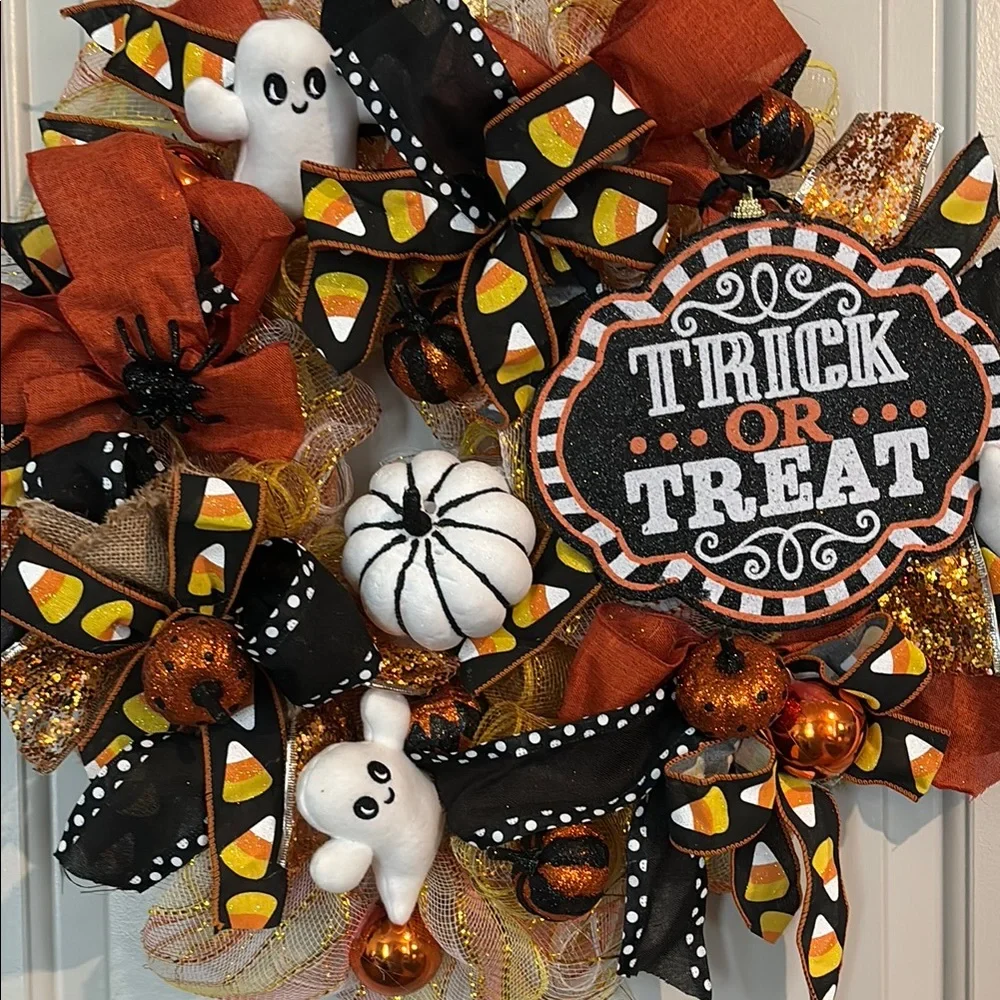 HALLOWEEN WREATH Fall Hand Crafted Trick Treat Wreath Custom Design FINAL SALE